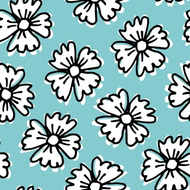 Vector illustration of Doodle white daisies. Abstract Hand Drawing Flowers