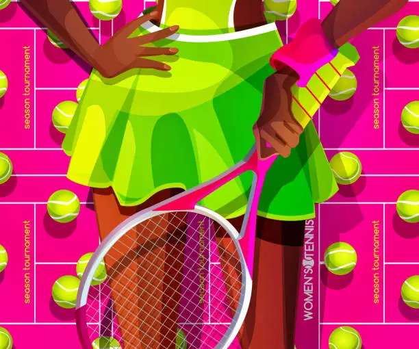 Vector illustration of Concept of game sport and victory in cartoon style. A young beautiful girl tennis player with a tennis ball and a sports racket on the seamless sport background. Close-up.