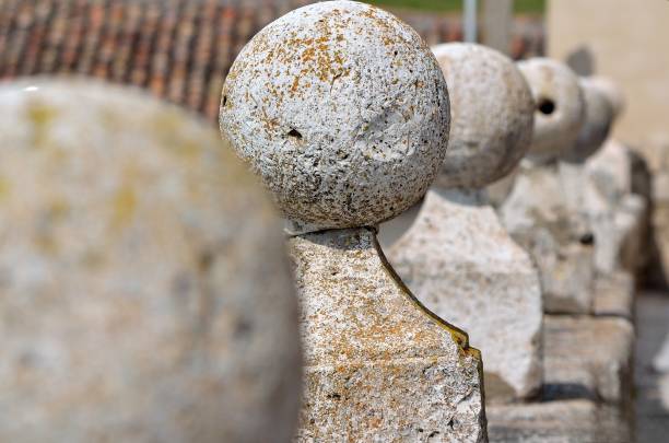 Stone balls around the Church, finishing, stone oebe. Old town on the hill, Valladolid.