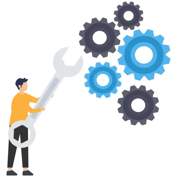 Vector illustration of Adjustment and optimization for business improvement, change or fine tune for smooth ride, Repair and maintenance service, Holding wrench to adjust gear cogwheels setting