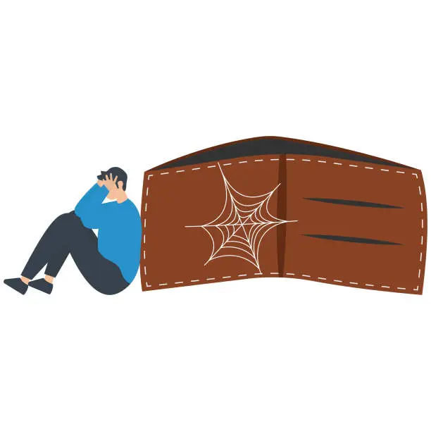Vector illustration of Poor or poverty with empty wallets, Financial problems, Trouble to pay rent or loan, Bankruptcy or unemployment,Standing with empty wallet, Bugs flying around and spider webs