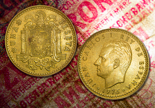 A Spain peseta coin, king Juan Carlos