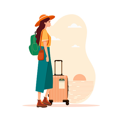 Vector illustration of boho style traveller,with hat and luggage.