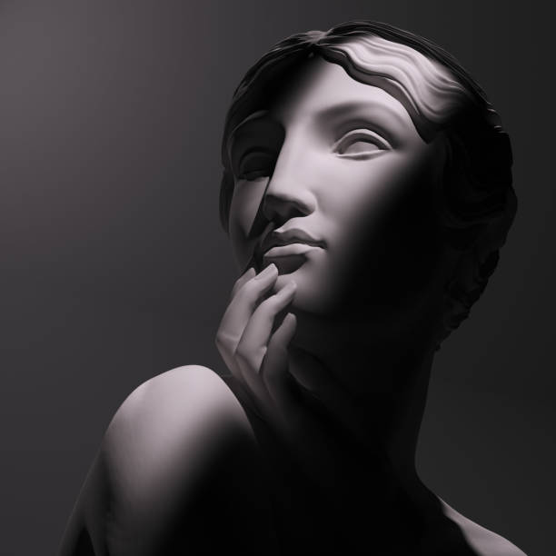 istock Muse sculpture, nymph pensive pose. 3d rendering black and white Greek Goddess statue head 2099627183