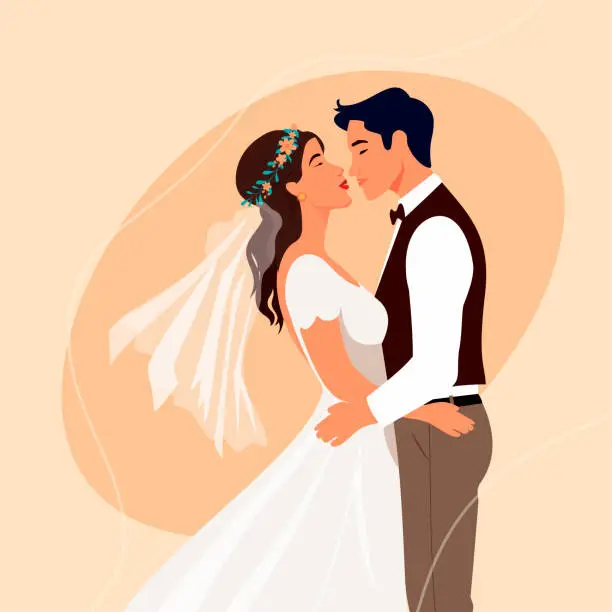 Vector illustration of Vector illustration of boho style wedding background,kissing bride,groom,