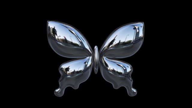 Rotating Chrome Retro Metal Abstract Inflated Y2K Rave Butterfly Shape Isolated Loop With Alpha Matte