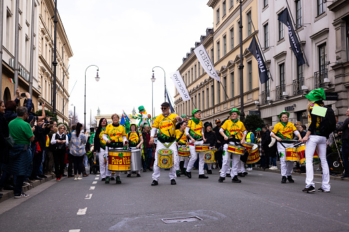 On March 17th 2024, Brazilian team Plays music and dances as part of the Parade during the St. Patrick's Day Celebration in Munich.