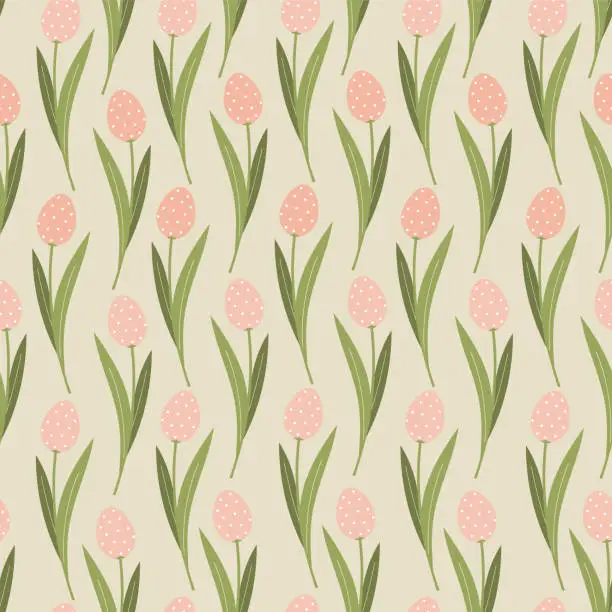 Vector illustration of Easter tulips on seamless pattern. Easter eggs, branches, flowers in pastel gentle colors.