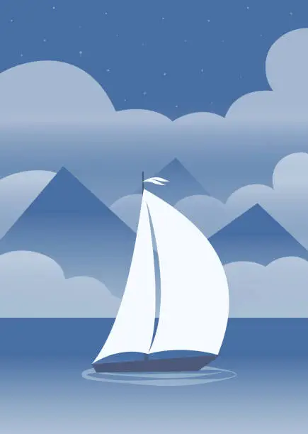 Vector illustration of Mountains seaside blue landscape and ship poster. Seaside night with clouds.