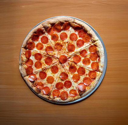 overhead angle of pepperoni pizza