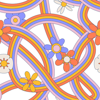 Tangled rainbows seamless pattern with hippie daisy flowers. Groovy contour vector illustration