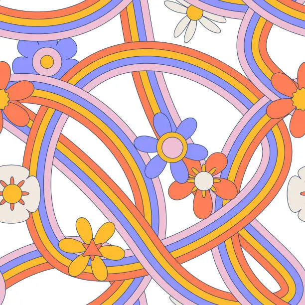 Vector illustration of Tangled rainbows seamless pattern with hippie daisy flowers. Groovy contour vector illustration.