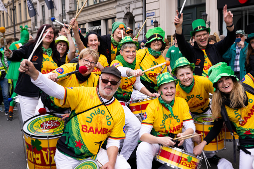 On March 17th 2024, Brazilian team poses for pictures during the St. Patrick's Day Parade in Munich.
