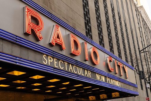 New York, NY, USA - December 9, 2023: Radio City Music Hall is located in the Manhattan neighborhood of New York City and located near Rockefeller Center.