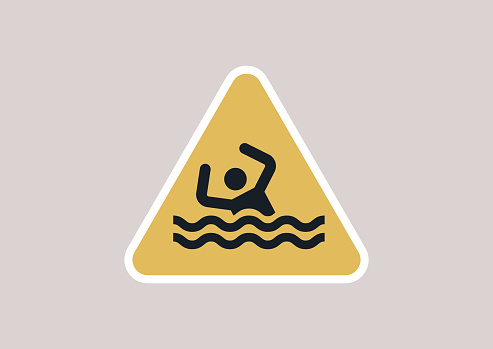 Caution at Waters Edge, Beware of Drowning Risks, An illustrated warning sign depicting an individual struggling in water, signaling a drowning hazard