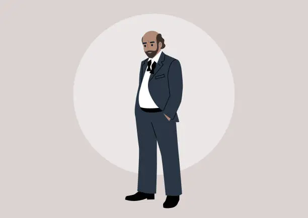 Vector illustration of Elegance at Ease, Gentleman With Untied Bow Tie after a Celebration event, A suave man stands casually with his black tie undone after a ceremony