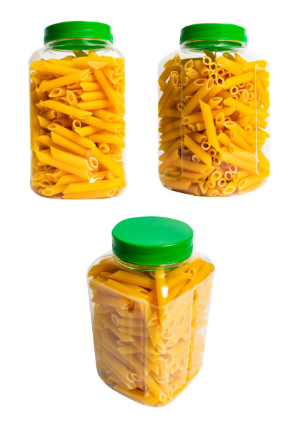 Isolated photo of pasta in plastic bottle container on white background.