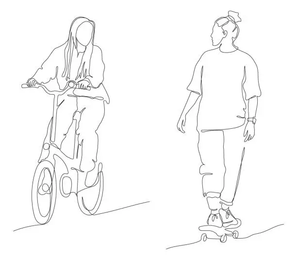 Vector illustration of 2 women talking and riding bicycle and skateboard. Looking at each other. Continuous line drawing. Black and white vector illustration in line art style.