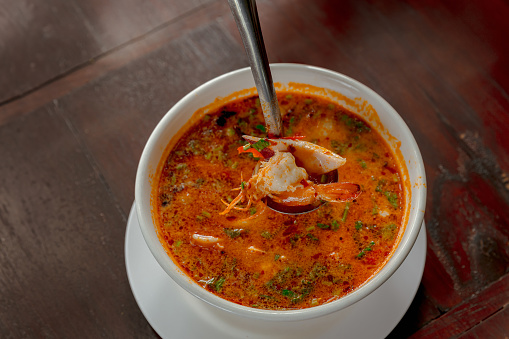 Tom Yum Goong Spicy Sour Soup . tom yum kung Spicy Thai soup with shrimp