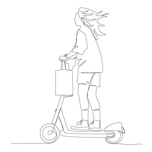 Vector illustration of Woman riding electric scooter. Shopping bag on steering wheel. Continuous line drawing. Black and white vector illustration in line art style.