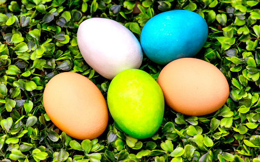 Easter. Closeup of colorful sugar eggs on a green grass