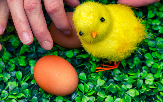 Tender colored easter eggs decorated in a nest of straw on a white wooden table