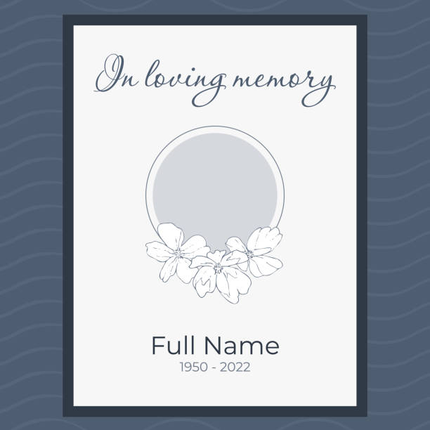 Funeral card template with round photo frame and flowers Card template funeral with round photo frame and delicate flowers on the edge. Elegant vector illustration with blue tones for condolence card remembrance flowers stock illustrations