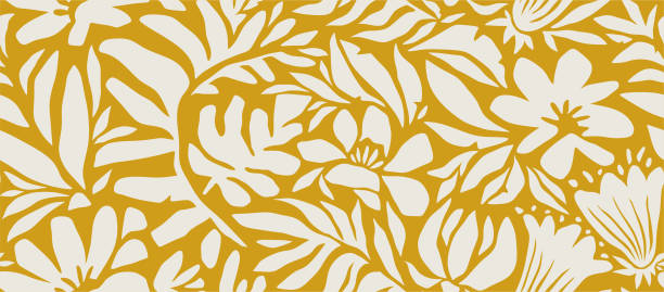 ilustraciones, imágenes clip art, dibujos animados e iconos de stock de estampado floral con hojas y flores dibujadas a mano - cultura-hawaiana