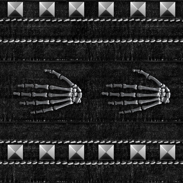 Seamless texture of denim belt with rivets and skeleton hand.