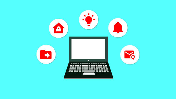 istock Laptop with various social media icons on a blue background. 2099712735