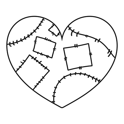 Heart with patches. Heart healed and mended with stitches. Monochrome heart decoration. Vector illustration