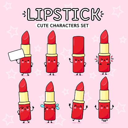 Funny cute happy Red lipstick characters bundle set. Vector hand drawn doodle style cartoon character illustration icon design. Isolated pink background. Cute Red lipstick mascot character collection