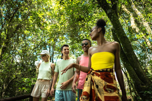 istock Friends hiking on forest 2099739568
