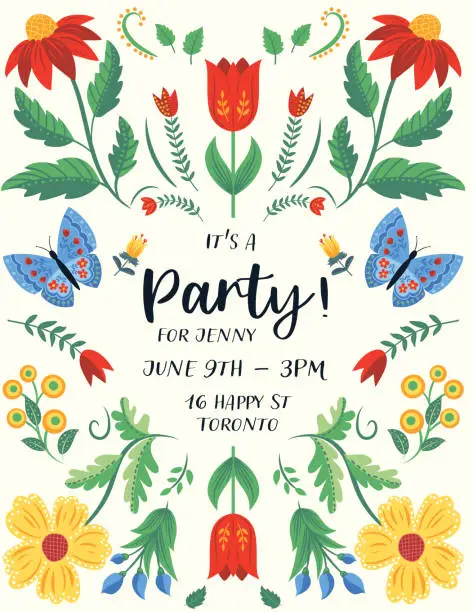 Vector illustration of Cute Folk Art Birthday Party Invitation Template