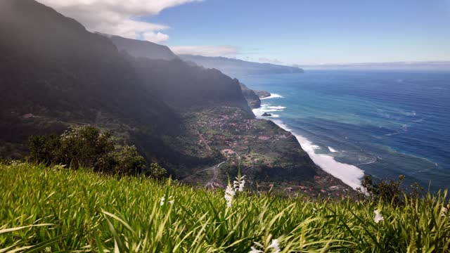 Tracking shot of stunning North coast of Madeira island, Slow motion