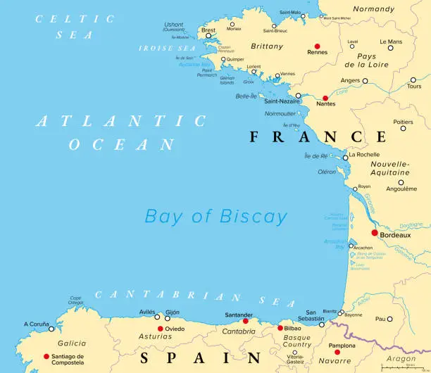 Vector illustration of Bay of Biscay, also known as Gulf of Gascony, political map