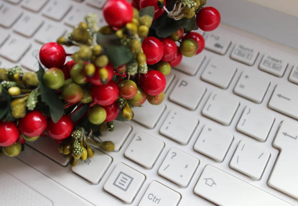 Plastic Decoration Made Of Colored Berries And Textile Leaves On White  Computer Keyboard