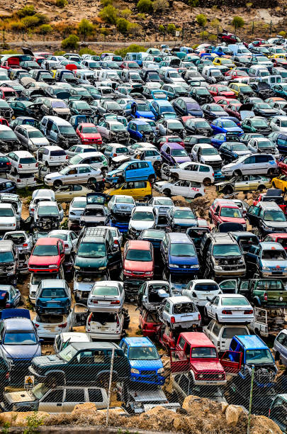 Scrap Yard With Pile Of Crushed Cars in tenerife canary islands spain