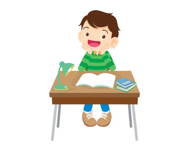 Vector illustration of student kid sitting on desk working for homework