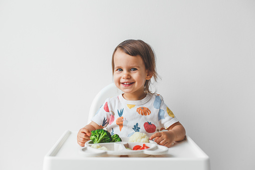 a cheerful smiling child 1.5 years old in bright clothes sits in a high chair on a white background, in front of him is a full plate of vegetables, he smiles and looks at the camera, baby food concept.