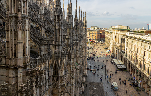 Milan, Italy - February 24, 2024: View of Piazza del Duomo with the Galleria Vittorio Emanuele II from the top of the Milan Cathedral (Duomo di Milano) in Milan, Italy