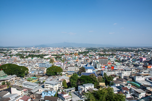 Tachileik in Myanmar with Mae Sai in Thailand ,aerial  view  from Wat Phra That Doi Wao, Mae Sai, Chiang Rai in Thailand