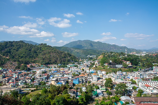 Tachileik in Myanmar aerial  view  from Wat Phra That Doi Wao, Mae Sai, Chiang Rai in Thailand