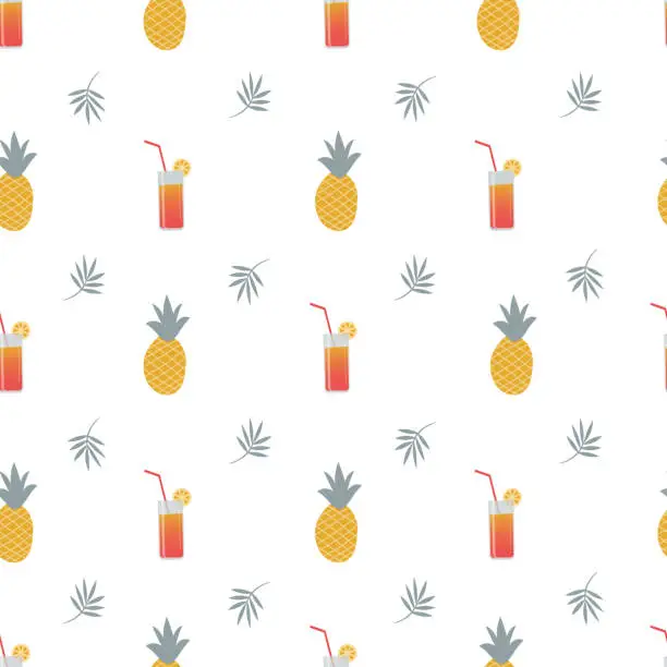 Vector illustration of Summer pattern. Seamless template with pineapples, coctails, tropical leaves