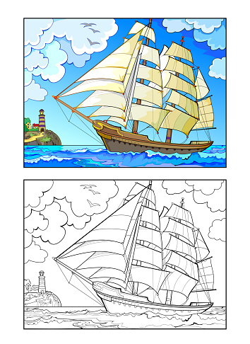 Colorful and black and white template for coloring. Fantasy illustration of an ancient two-masted sailboat sailing in Douarnenez bay. Worksheet for coloring book for children and adults. Vector image.