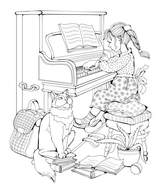 Vector illustration of Coloring book for children and adults. Illustration of cute little girl playing piano for her cat. Printable page for drawing and meditation. Black and white vector template.