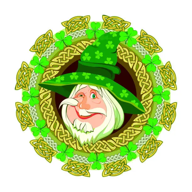 Vector illustration of Beautiful green decoration with shamrock and funny old man. St. Patrick day symbol. Irish ethnic drawing. Celtic knot pattern. Print for logo, icon, coin, tattoo, t-shirt. Flat vector illustration.