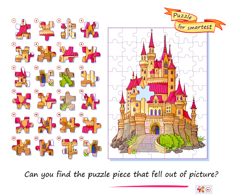 Can you find the puzzle piece that fell out of picture? Logic game for children and adults. Page for kids brain teaser book. Task for attentiveness. Developing spatial thinking. Flat vector image.