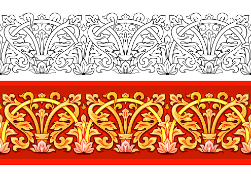 Beautiful baroque border decoration. Seamless pattern ornament. Color and black and white template set. Print for fabric, embroidery, carpet, wallpaper. Classic French decor. Flat vector illustration.