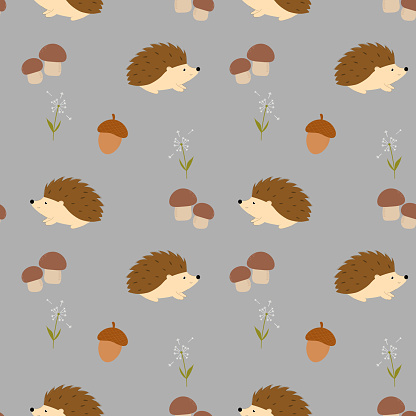 Seamless pattern with cute hedgehogs in the forest. Children's print, hedgehogs with mushrooms, dandelion, acorn.